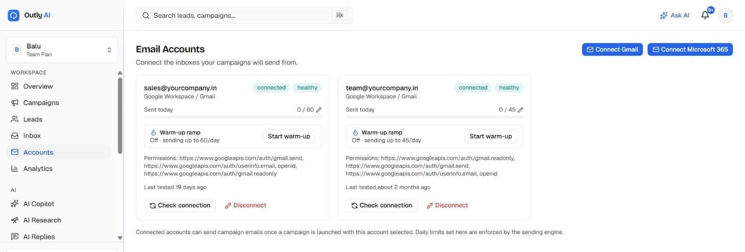 Outly AI inbox health screen listing connected inboxes with health status, daily sending limits and warm-up ramp controls (sample data)