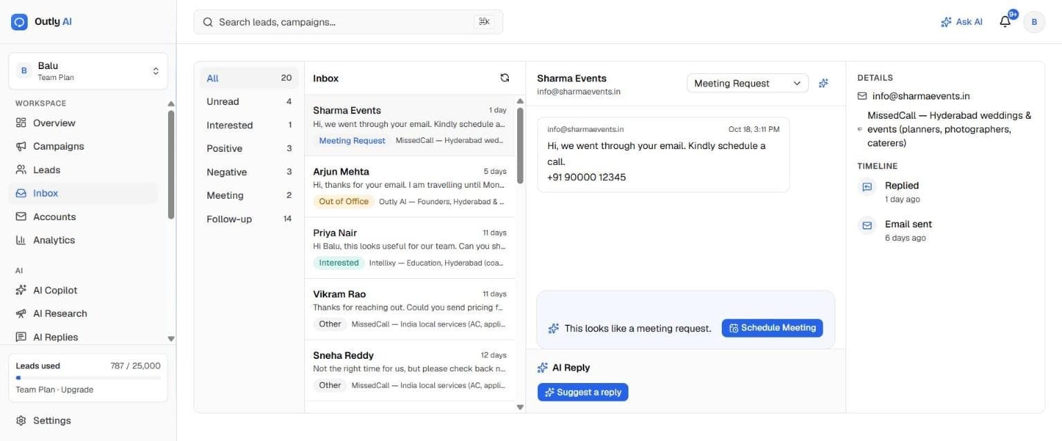 Outly AI unified inbox where AI has flagged a reply as a meeting request (sample names)